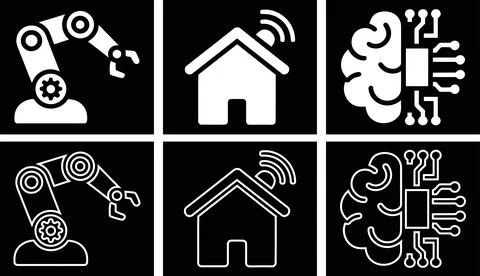 Artificial Intelligence Icon Set, Robot Arm Smart Home Wifi and AI Brain Ch.. Stock Illustration