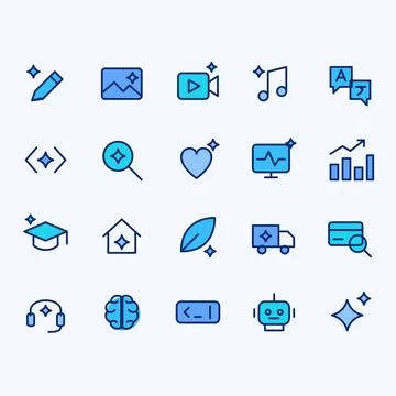 Artificial intelligence icon set with sparkle symbols, robot, brain, chat Stock Illustration