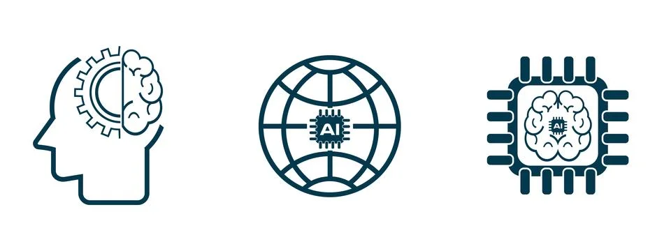 An artificial intelligence icon set of three lines style, machine learning,.. 库存插图
