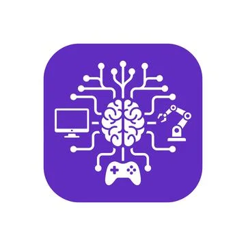 Artificial intelligence icon showcasing brain computer interface with gamer.. 库存插图