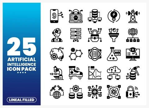Artificial Intelligence icons. black line art. white background. modern tec.. Stock Illustration