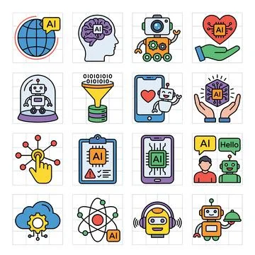 Artificial Intelligence icons collection: brain, robot, globe, heart, cloud.. Stock Illustration
