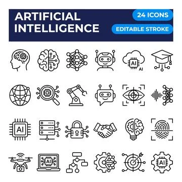 Artificial Intelligence icons collection with brain, robot, chip, drone, ha.. Illustrazione stock