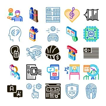 Artificial intelligence icons collection displaying various technology concep Ilustración de archivo
