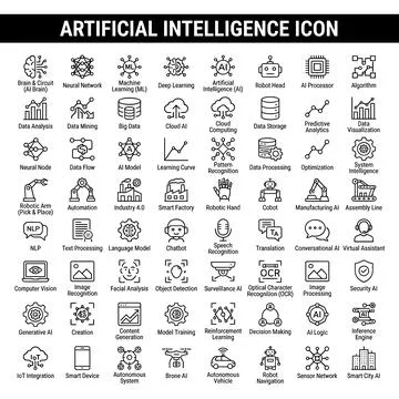 Artificial Intelligence icons collection, including AI brain, neural networ.. Stock Illustration
