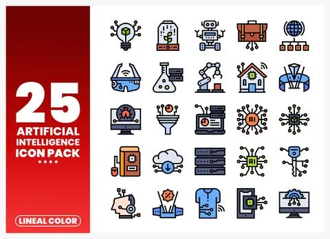 Artificial Intelligence Icons Collection with Lineal Color Design Stock Illustration