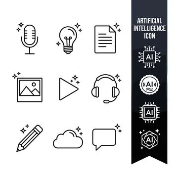Artificial Intelligence icons collection with microphone, light bulb, docum.. Stock Illustration