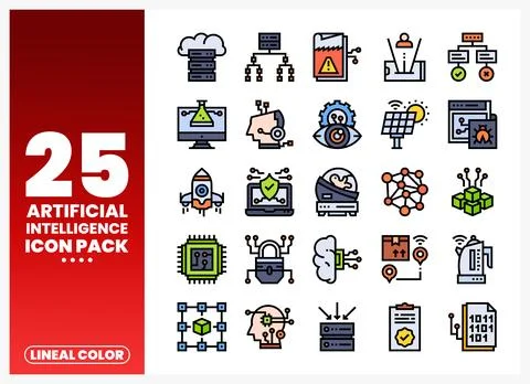 Artificial Intelligence Icons with Digital Technology Themes Stockillustratie