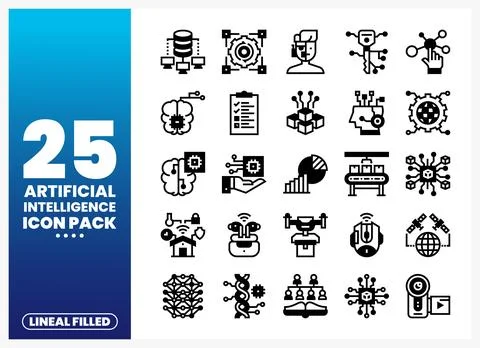 Artificial intelligence icons in a flat lineal filled style on a blue gradi.. Stock Illustration