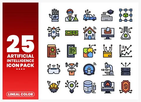 Artificial intelligence icons with futuristic technology symbols on a white.. Stock Illustration