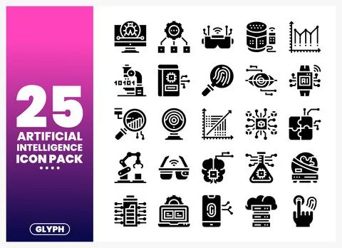 Artificial Intelligence Icons Glyph Pack on White Background Stock Illustration