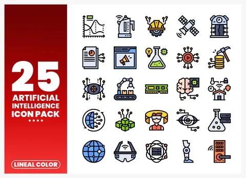 Artificial Intelligence Icons with line color style in a grid Stock Illustration