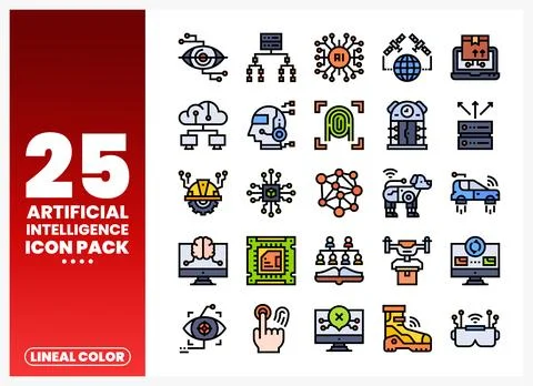 Artificial Intelligence Icons with Lineal Color Style Stock Illustration