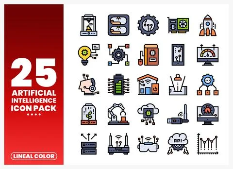Artificial Intelligence icons in a lineal color flat design pack. Collectio.. Stock Illustration