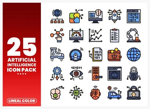 Artificial Intelligence icons. lineal color. digital art. vector pack with .. Stock Illustration