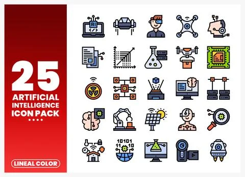 Artificial Intelligence icons in lineal color style for technology concepts 库存插图