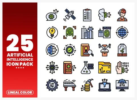 Artificial Intelligence icons in lineal color style on a white background 库存插图