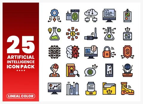 Artificial Intelligence Icons in Lineal Color Style Stock Illustration