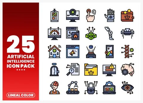 Artificial Intelligence Icons in lineal color style 스톡 일러스트
