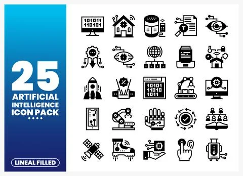Artificial Intelligence Icons in Lineal Filled Style on White Background Stock Illustration