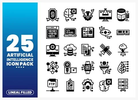 Artificial Intelligence icons in a lineal filled style on a gradient backgrou Stock Illustration
