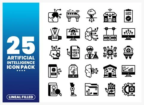 Artificial intelligence icons. lineal filled. in a black and white graphic .. Stock Illustration