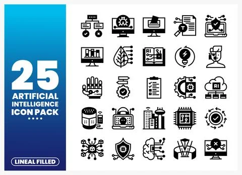 Artificial Intelligence Icons. Lineal Filled Style. Digital Technology Concep 스톡 일러스트