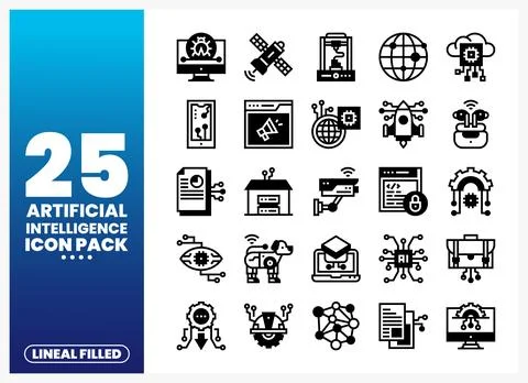 Artificial Intelligence Icons in Lineal Filled Style Stock Illustration