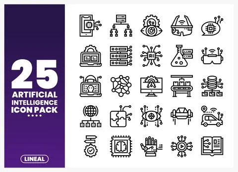 Artificial Intelligence Icons. lineal graphic design with technology and da.. Illustrazione stock