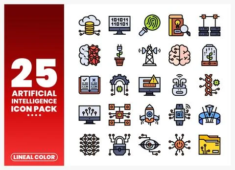 Artificial Intelligence Icons with Linear Color Style Stock Illustration