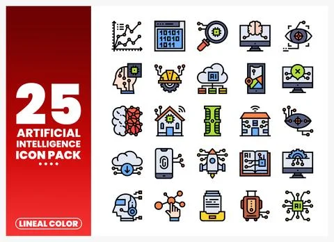 Artificial intelligence icons with network. cloud. brain. and computer elem.. Stock Illustration