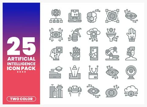 Artificial Intelligence icons. outlined in gray on a white background. with.. Stock Illustration