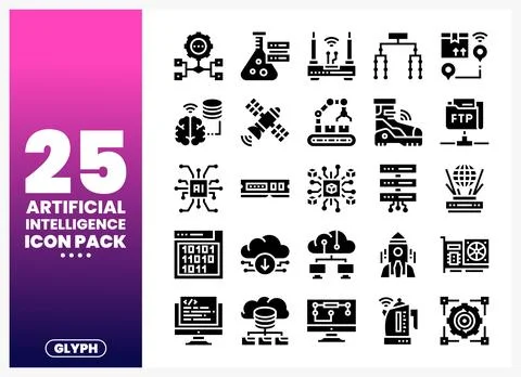 Artificial Intelligence Icons Pack displayed on a gradient background 库存插图