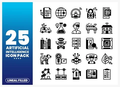 Artificial intelligence icons pack featuring technology symbols on a blue g.. Stock Illustration