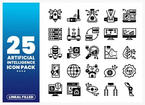 Artificial Intelligence Icons Pack featuring technology symbols on a gradie.. Stock Illustration