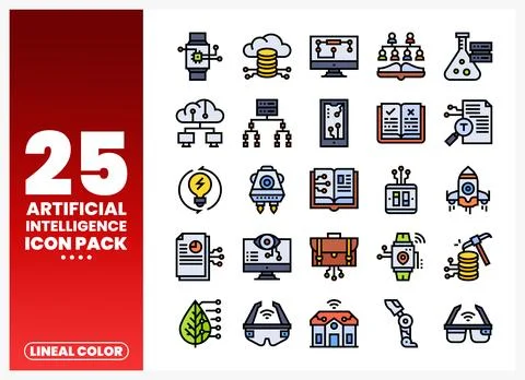 Artificial Intelligence Icons Pack in Lineal Color Design Stock Illustration