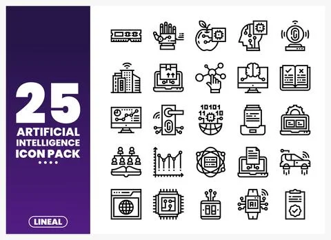 Artificial Intelligence Icons Pack with Lineal Design Stock Illustration