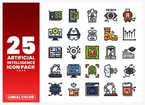 Artificial Intelligence Icons Pack with Lineal Color Design Stock Illustration