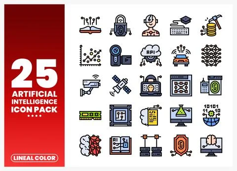 Artificial Intelligence Icons Pack. Lineal color. digital technology. and A.. Illustrazione stock
