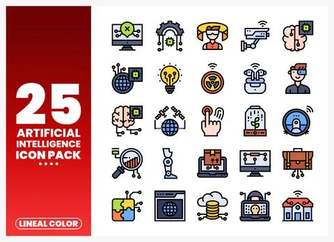 Artificial Intelligence icons pack with lineal color illustrations on white.. Stock Illustration