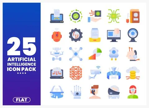 Artificial Intelligence icons pack presented in flat design. AI technology .. Stock Illustration