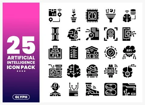 Artificial intelligence icons pack showing glyphs on a white background. イラスト素材
