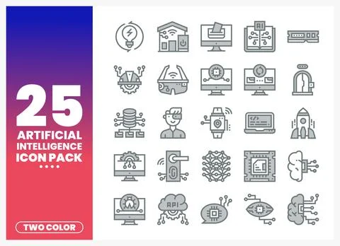 Artificial Intelligence Icons Pack. two color concept. AI symbols in abstra.. Stock Illustration