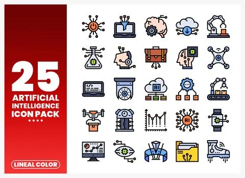 Artificial intelligence icons pack on white background with red gradient text Stock Illustration