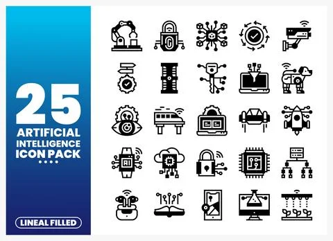 Artificial Intelligence icons robots. AI. cloud. security. data. technology. Stock Illustration