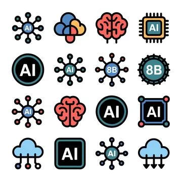 Artificial intelligence icons set with brain and microchip 스톡 일러스트