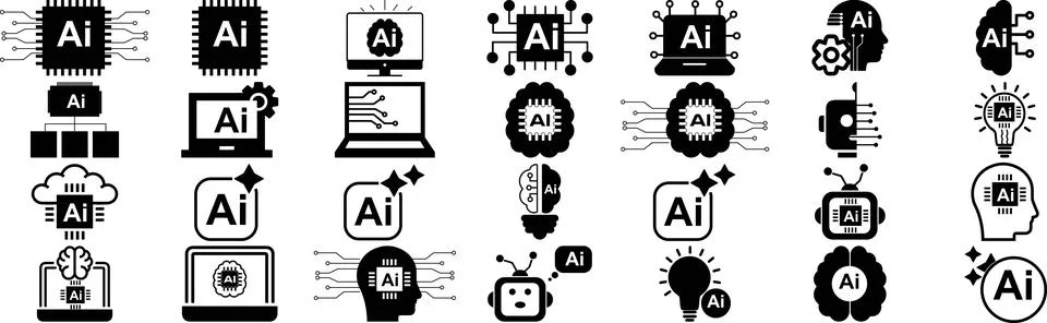 Artificial Intelligence Icons Set with Chip, Brain, and Technology Symbols イラスト素材