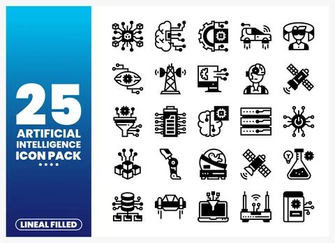 Artificial Intelligence icons set with circuits and brains Stock Illustration