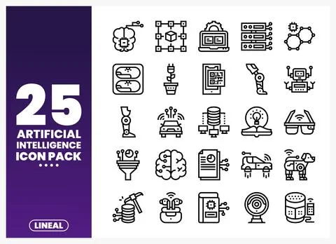 Artificial Intelligence Icons Set Featuring Technology and Robotics Stock Illustration