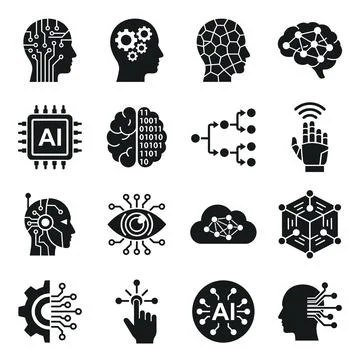Artificial intelligence icons set with human head silhouettes, neural netwo.. Stock Illustration